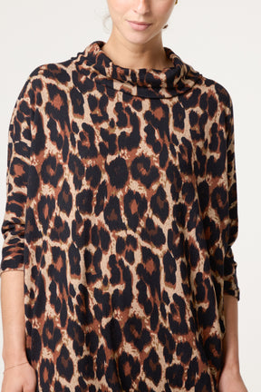 Draped Cowl Neck Leopard Print Dress