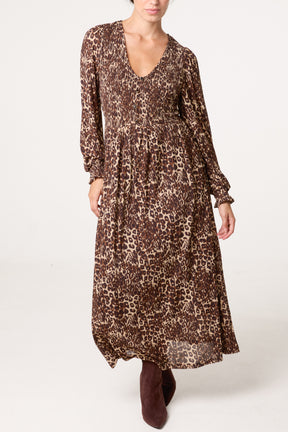 Button Front V Neck Midi Dress