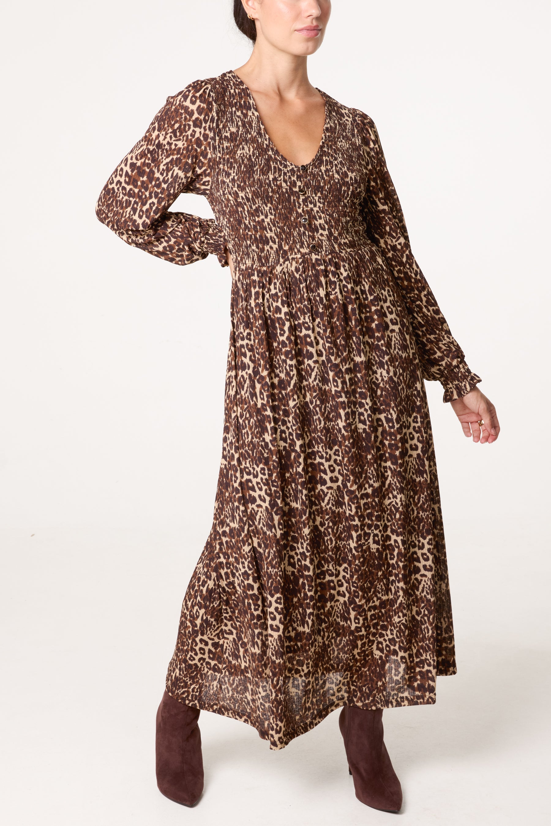 Button Front V Neck Midi Dress