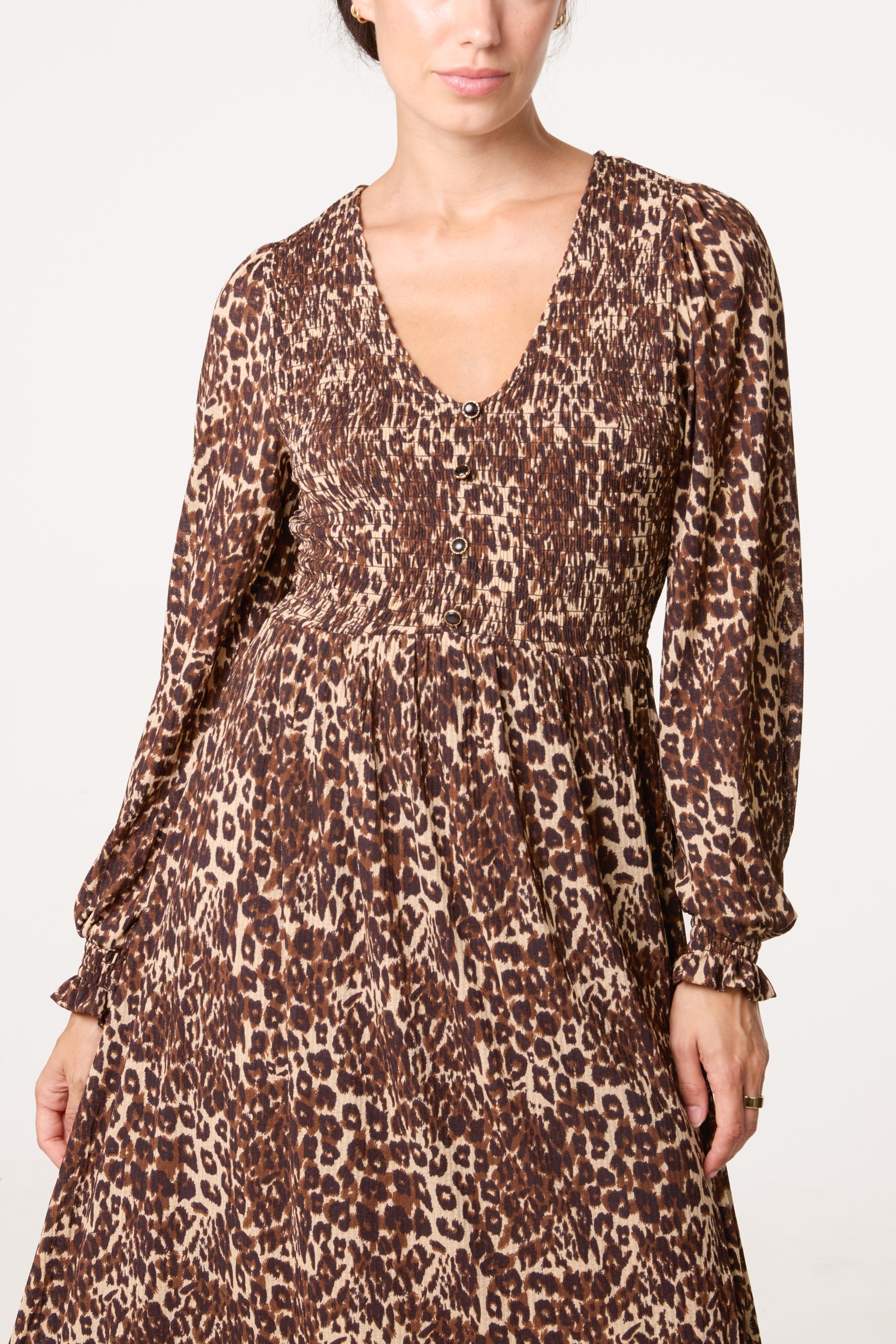 Button Front V Neck Midi Dress