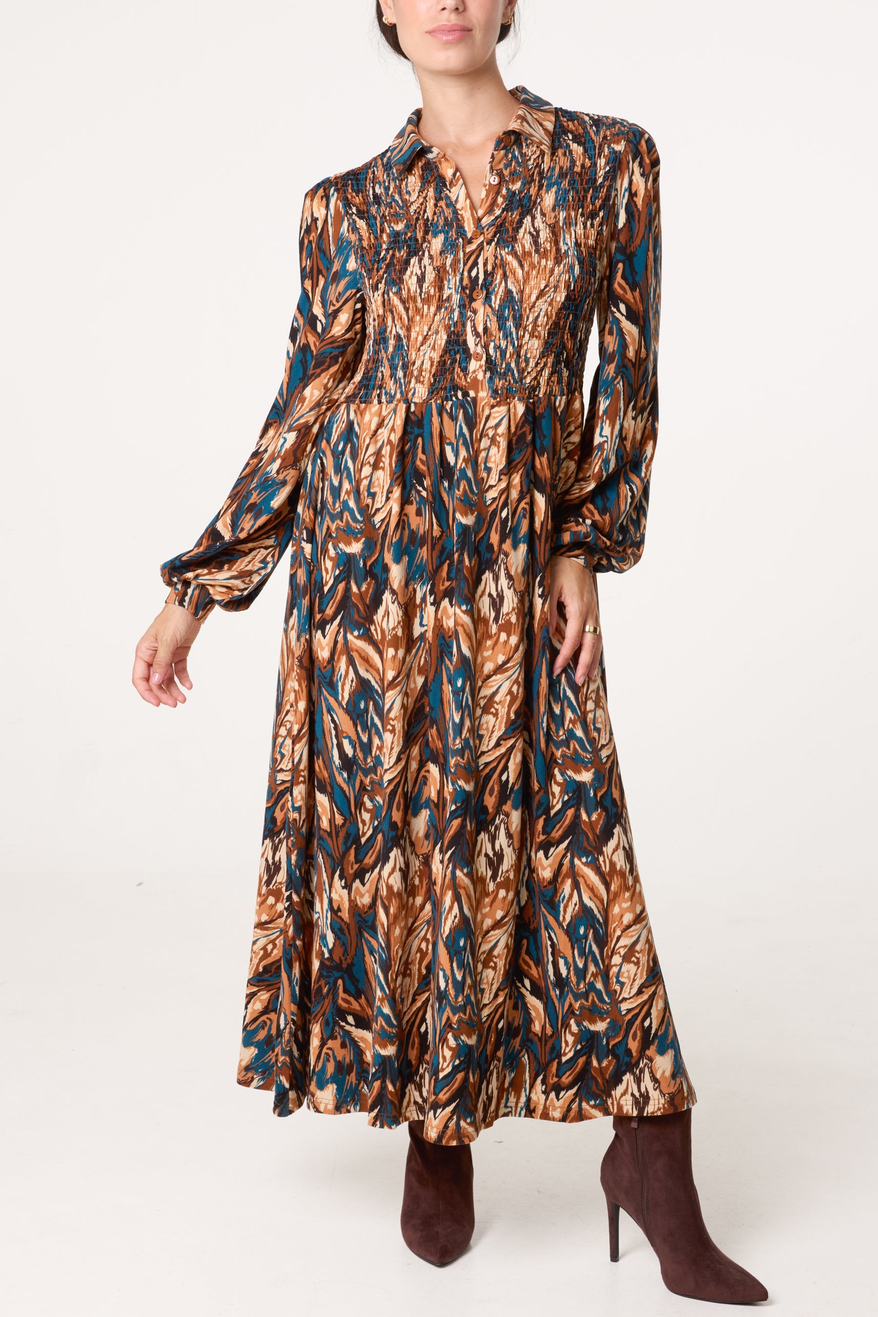 Abstract Print Shirred Bust Midi Dress