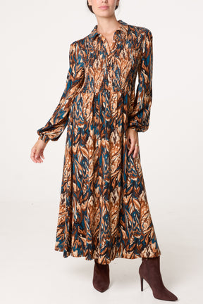 Abstract Print Shirred Bust Midi Dress