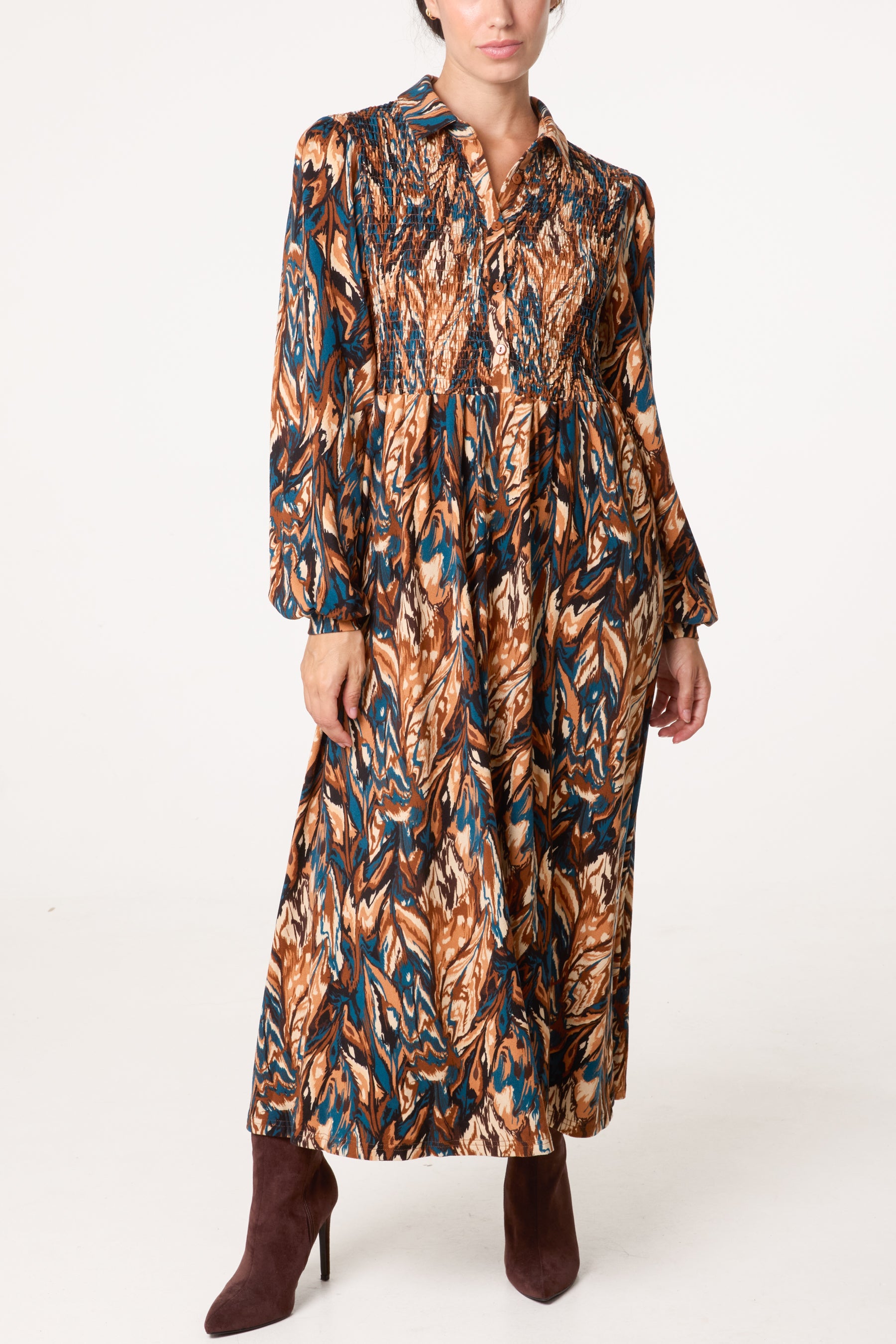 Abstract Print Shirred Bust Midi Dress
