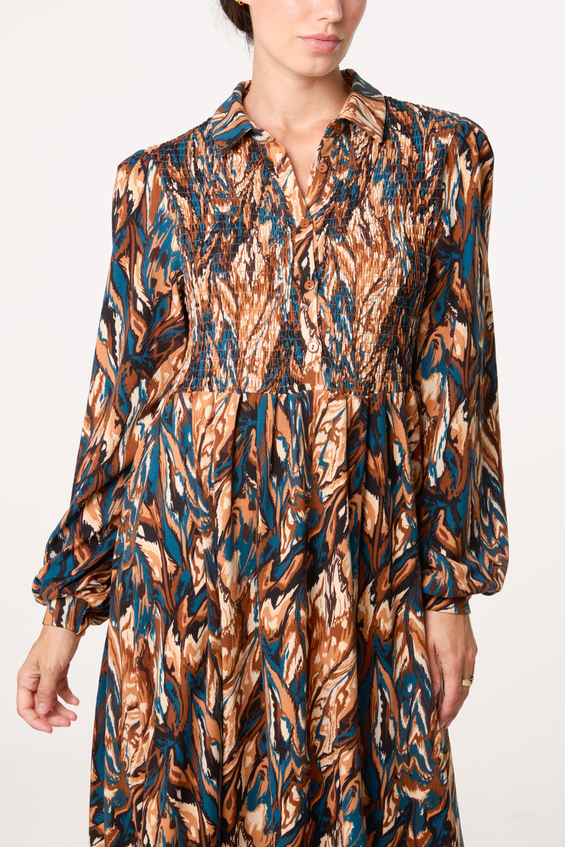 Abstract Print Shirred Bust Midi Dress