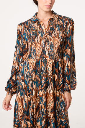 Abstract Print Shirred Bust Midi Dress