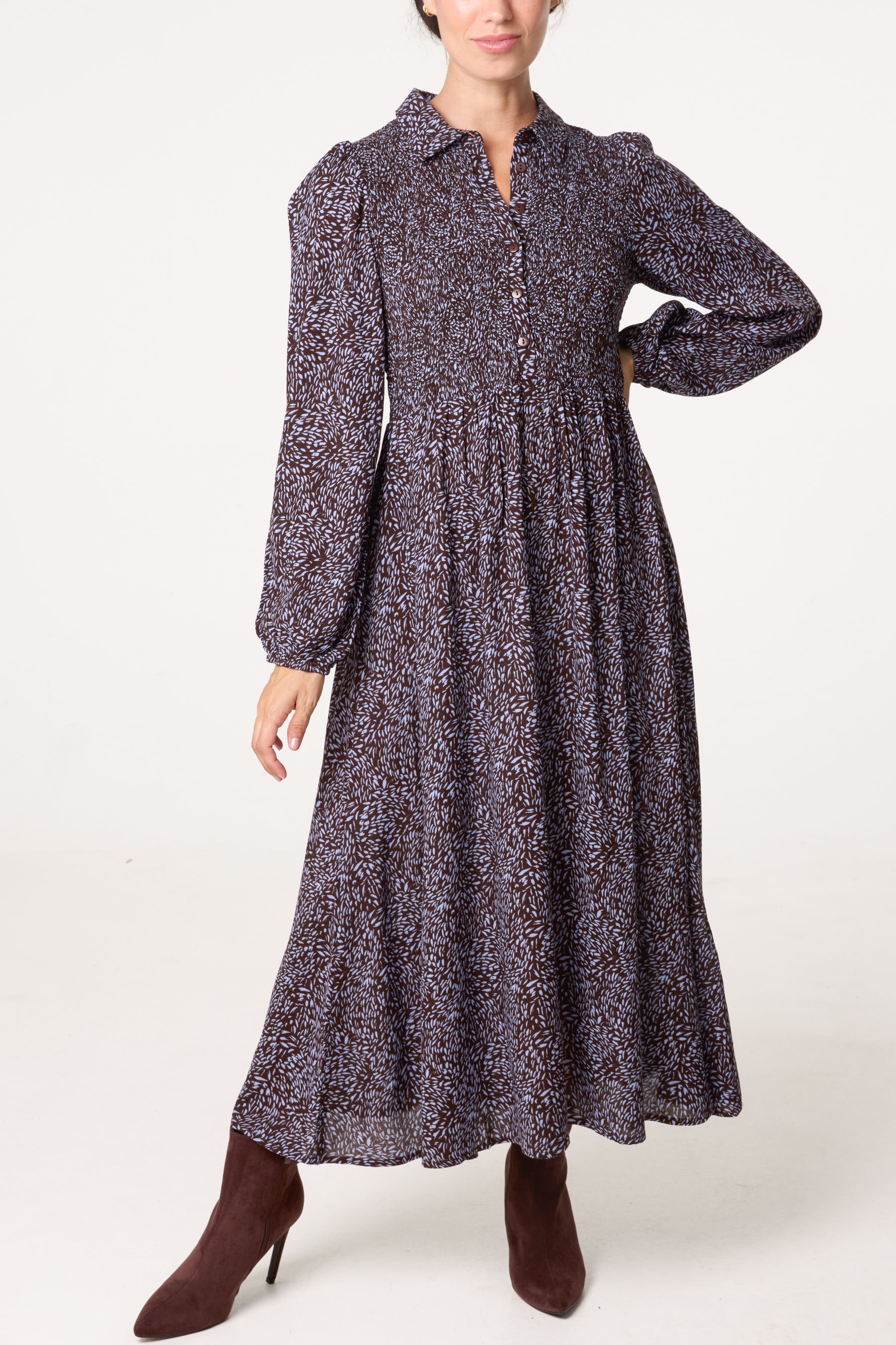 Long Sleeve Shirred Midi Dress