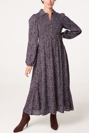 Long Sleeve Shirred Midi Dress