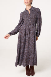 Long Sleeve Shirred Midi Dress