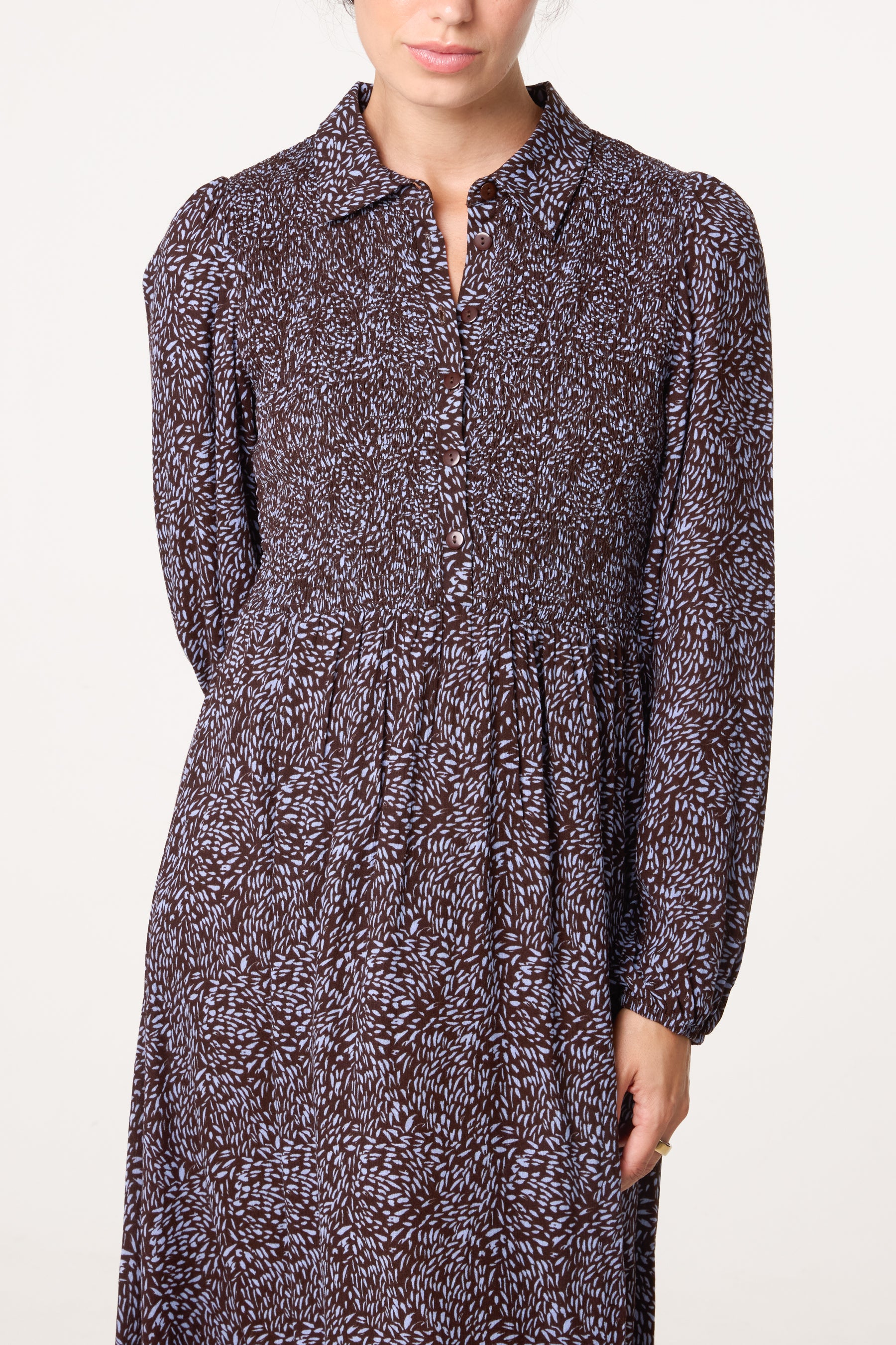 Long Sleeve Shirred Midi Dress