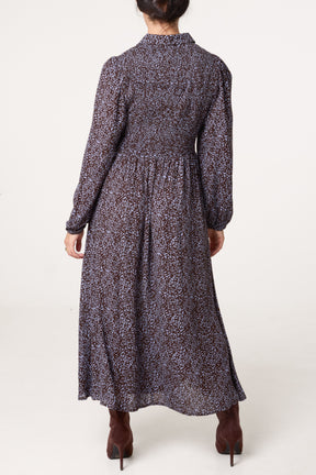 Long Sleeve Shirred Midi Dress