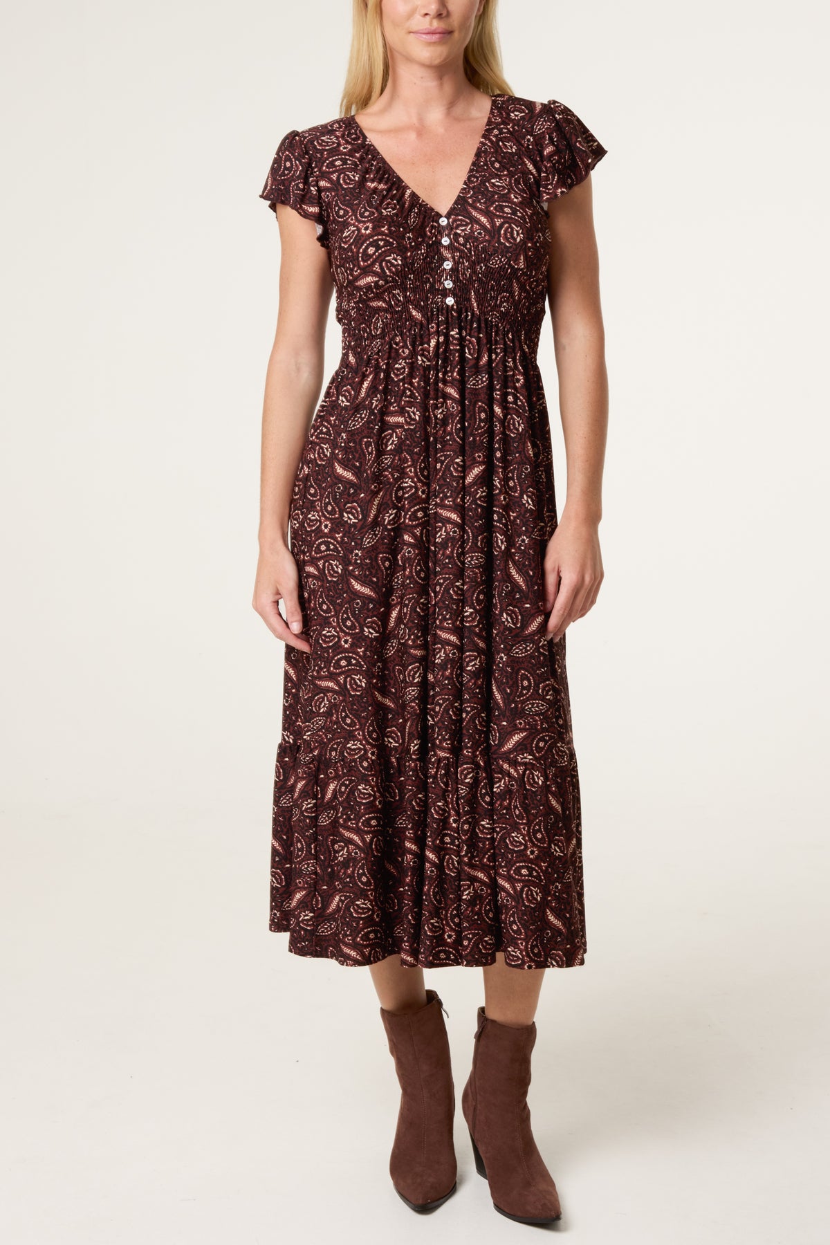 Paisley V-Neck Buttoned Midi Dress