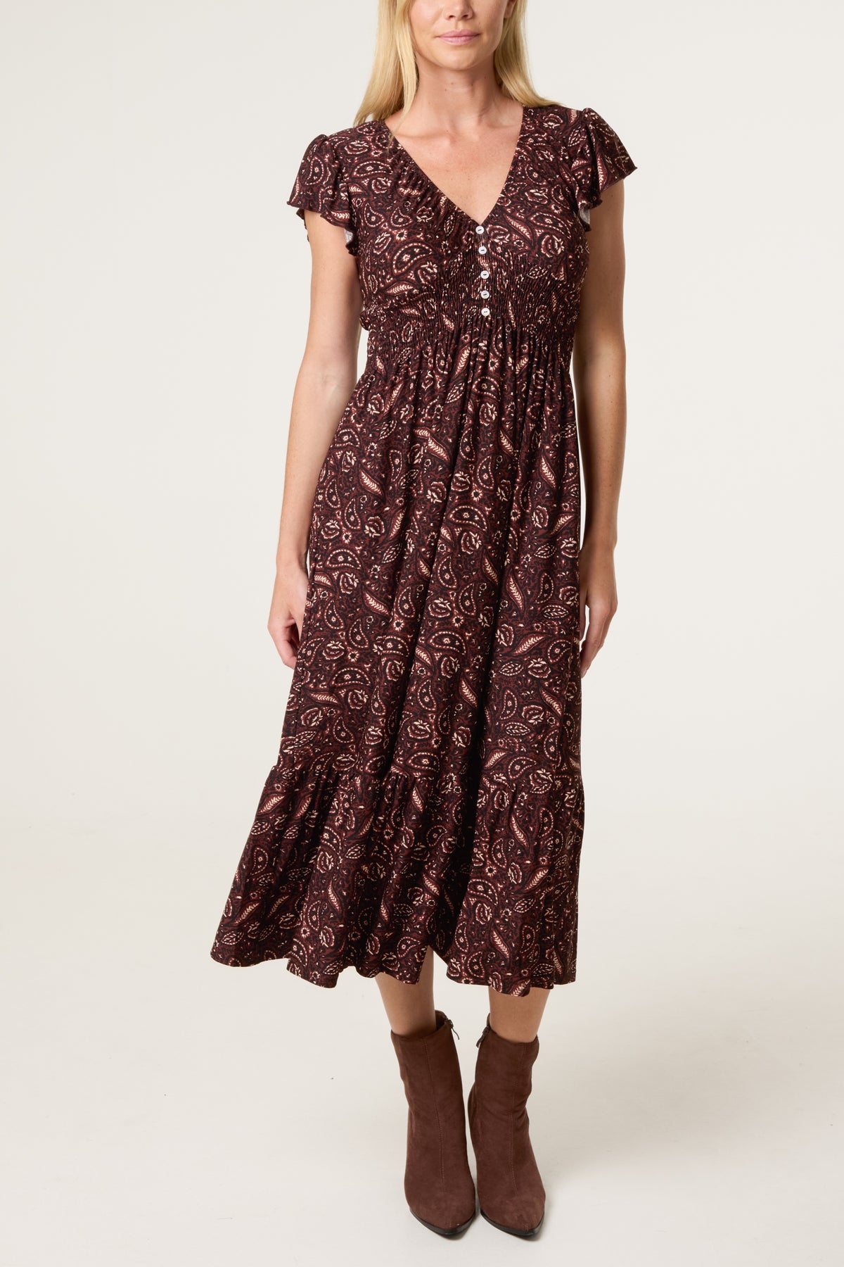 Paisley V-Neck Buttoned Midi Dress