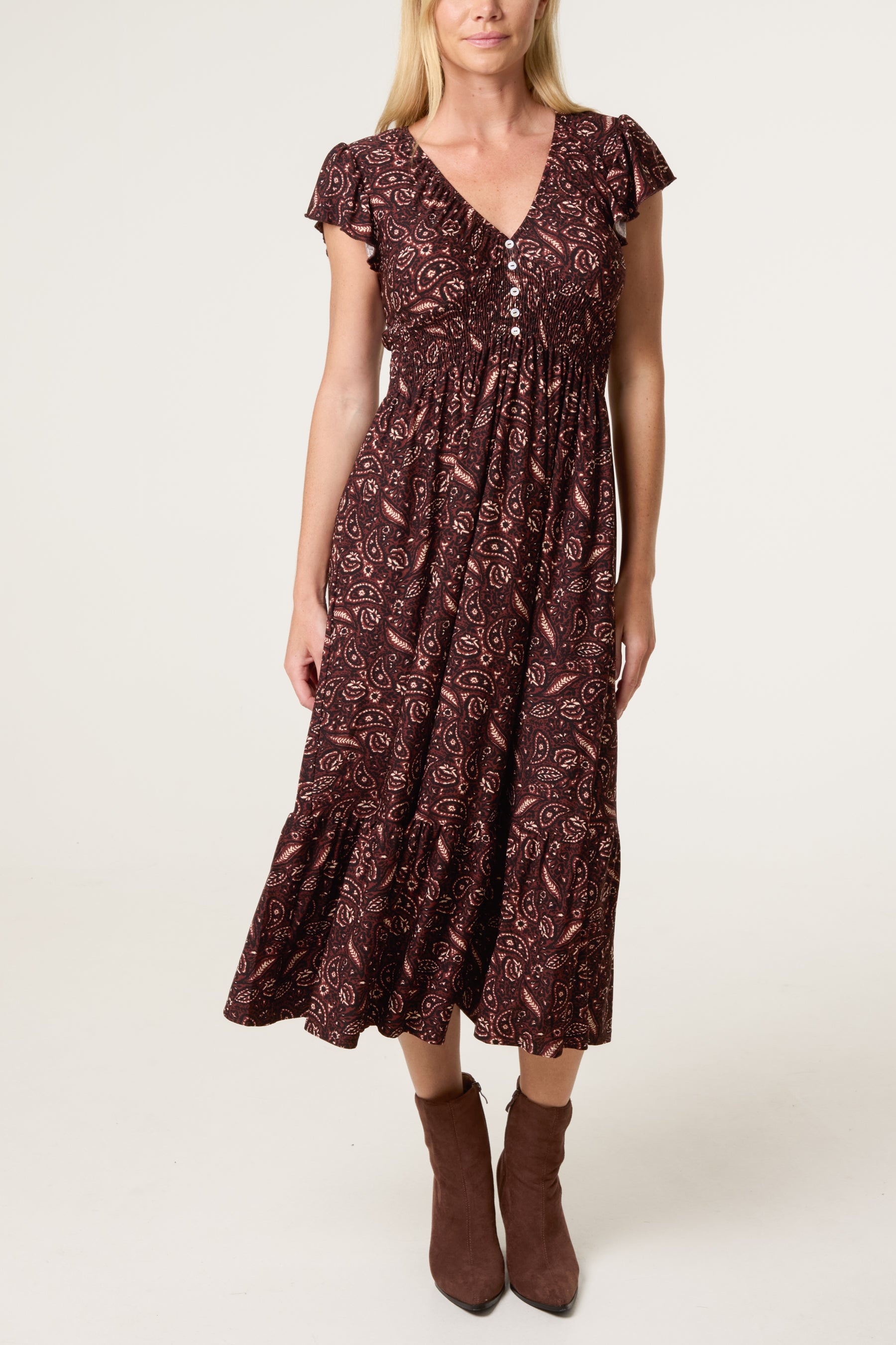 Paisley V-Neck Buttoned Midi Dress