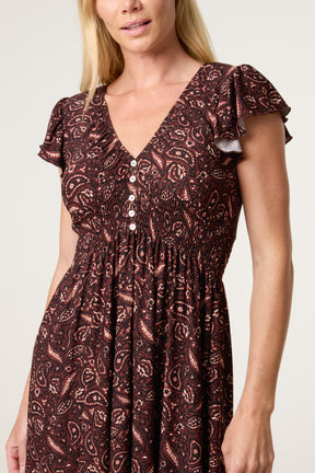 Paisley V-Neck Buttoned Midi Dress