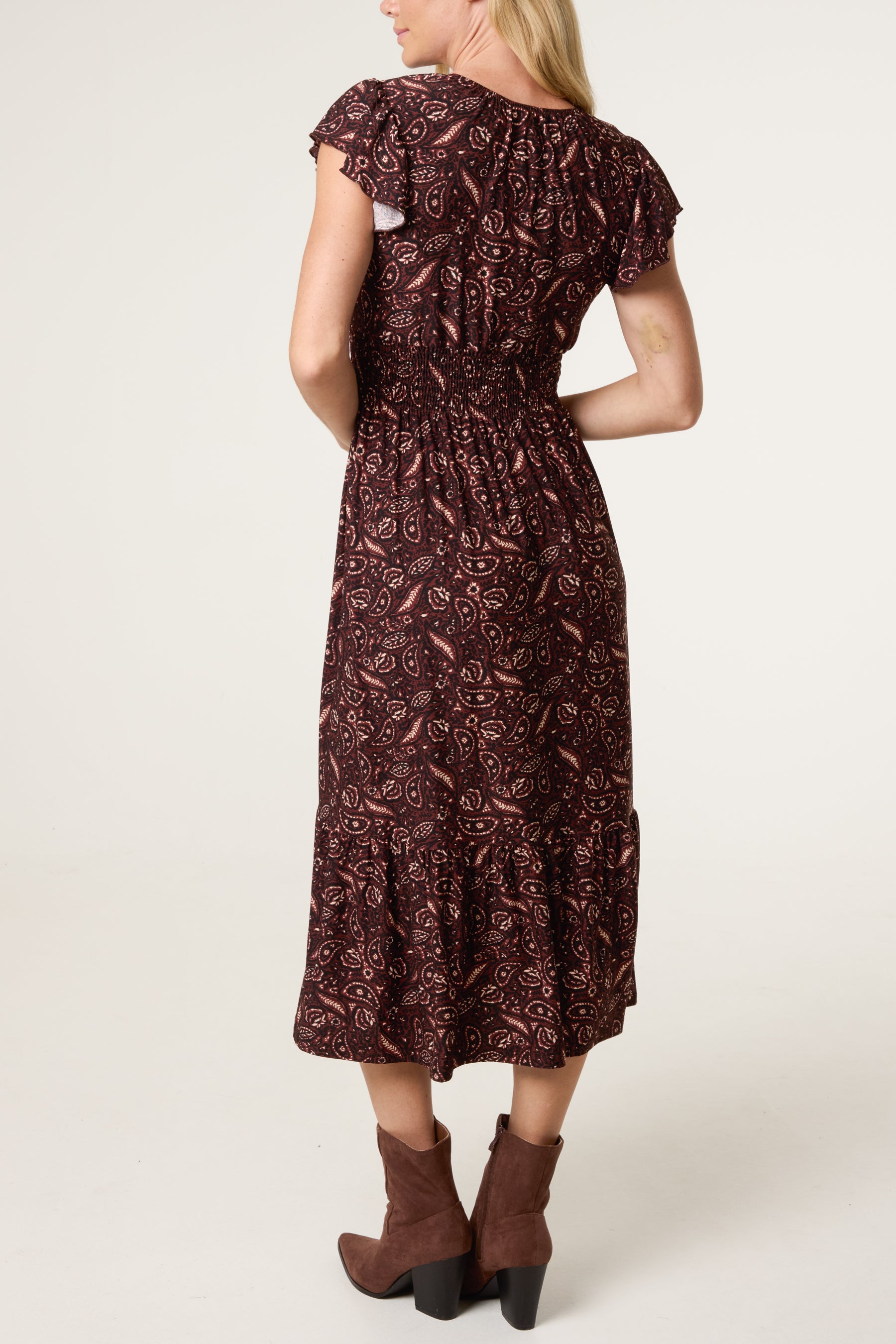Paisley V-Neck Buttoned Midi Dress