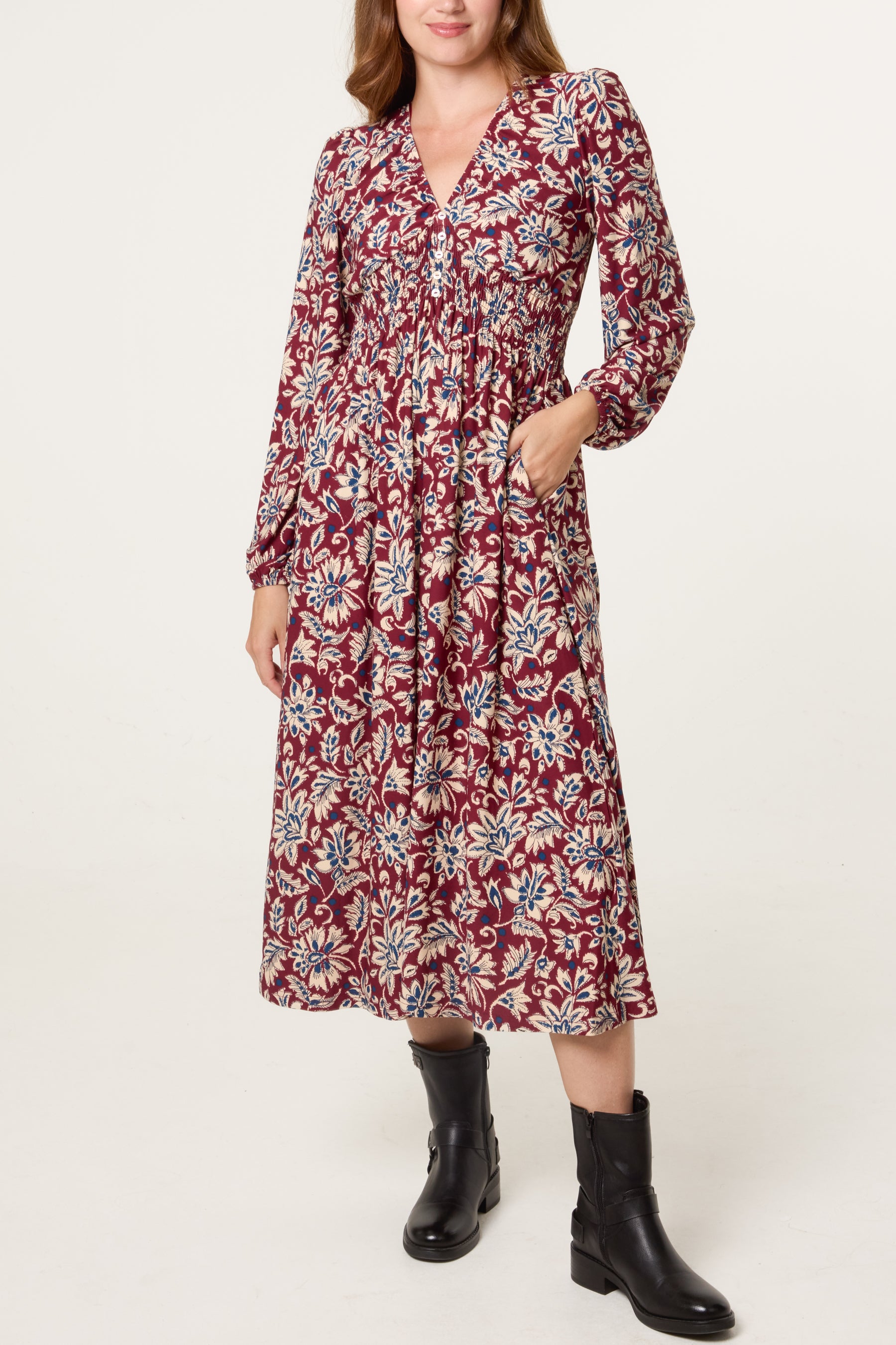 V-Neck Bright Floral Midi Dress