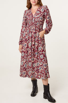 V-Neck Bright Floral Midi Dress