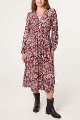 V-Neck Bright Floral Midi Dress