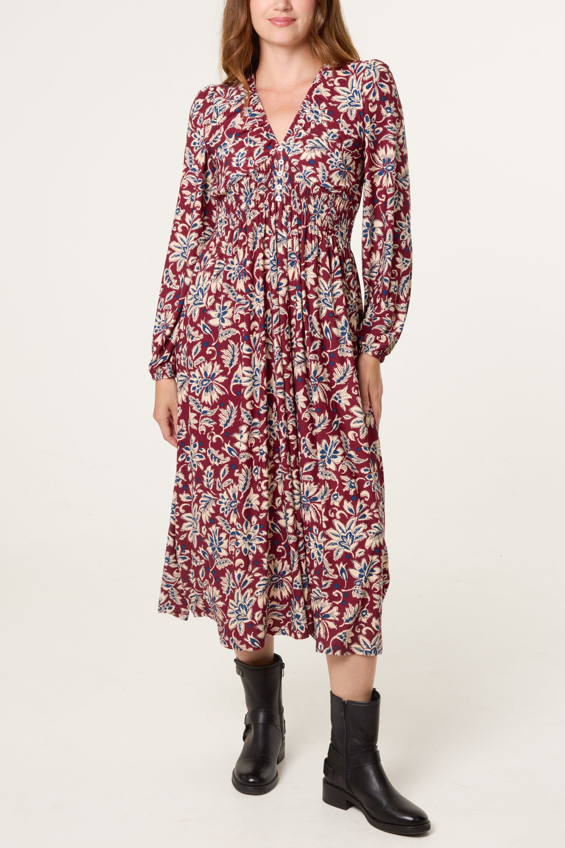 V-Neck Bright Floral Midi Dress