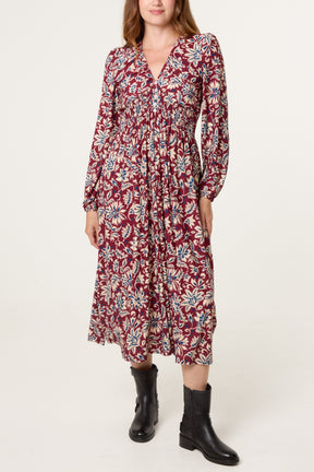 V-Neck Bright Floral Midi Dress