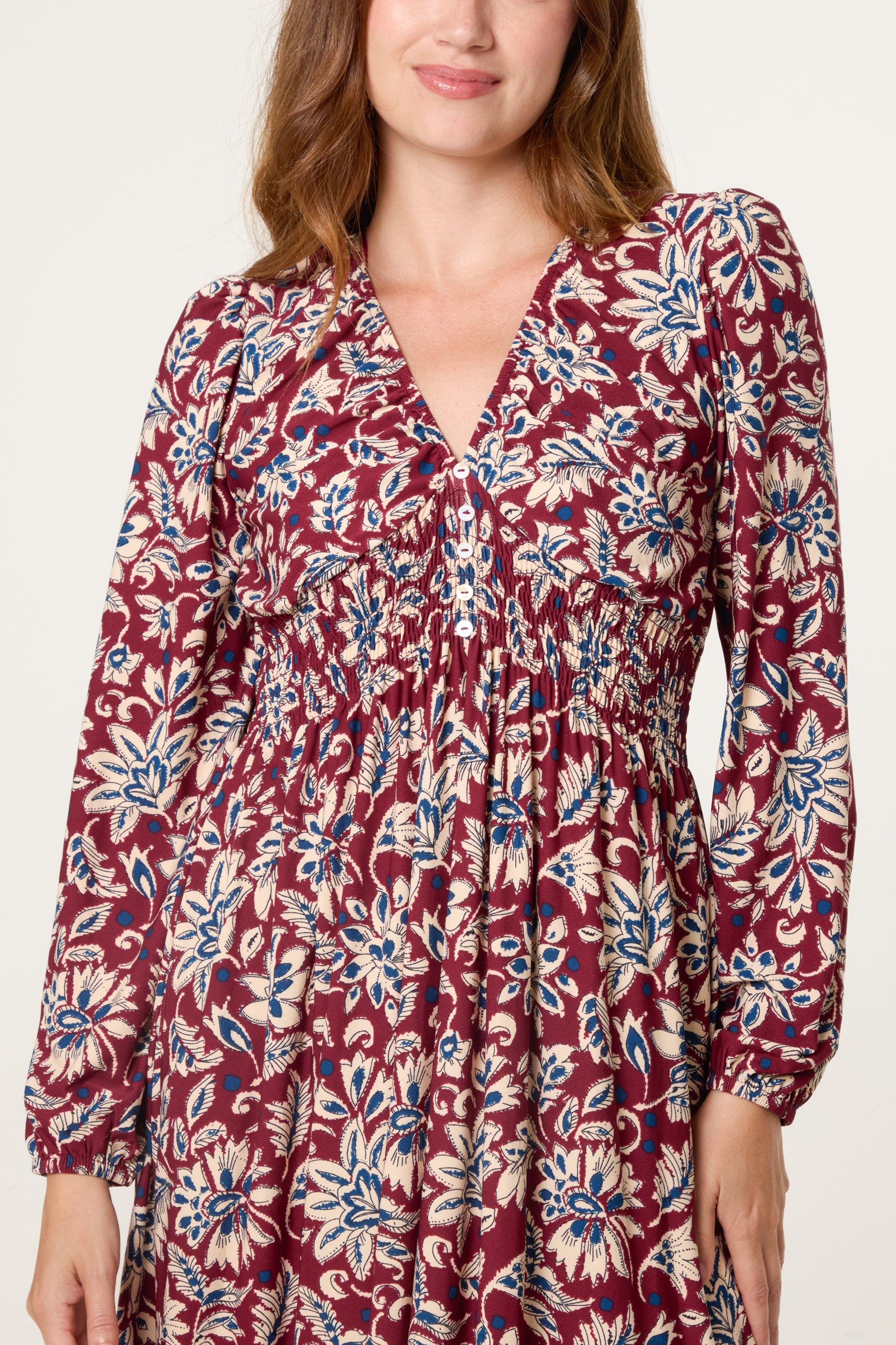 V-Neck Bright Floral Midi Dress