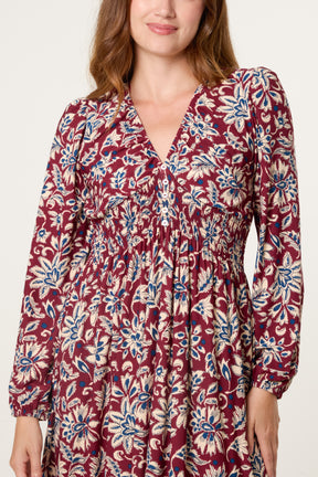 V-Neck Bright Floral Midi Dress
