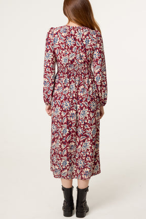 V-Neck Bright Floral Midi Dress
