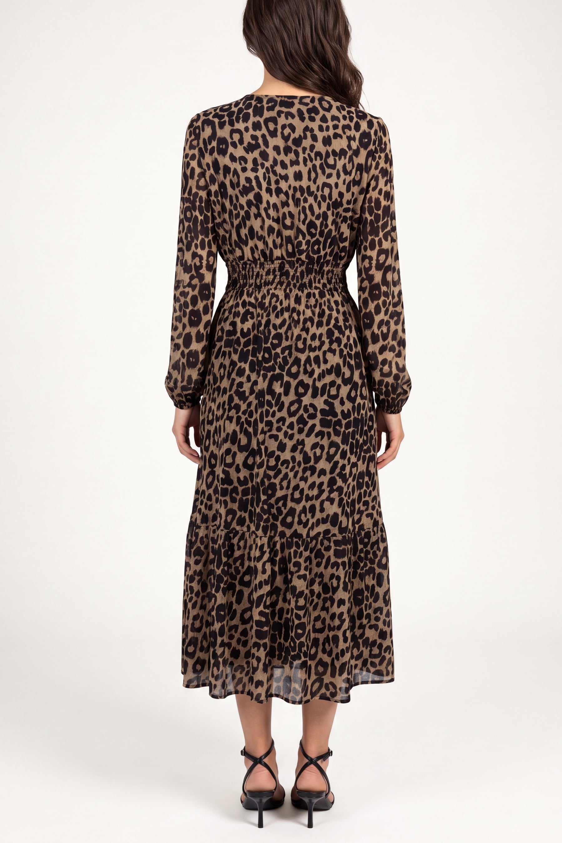 Long Sleeve V Neck Shirred Animal Print Midi Dress
