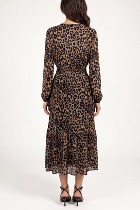 Long Sleeve V Neck Shirred Animal Print Midi Dress