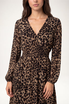 Long Sleeve V Neck Shirred Animal Print Midi Dress