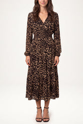Long Sleeve V Neck Shirred Animal Print Midi Dress