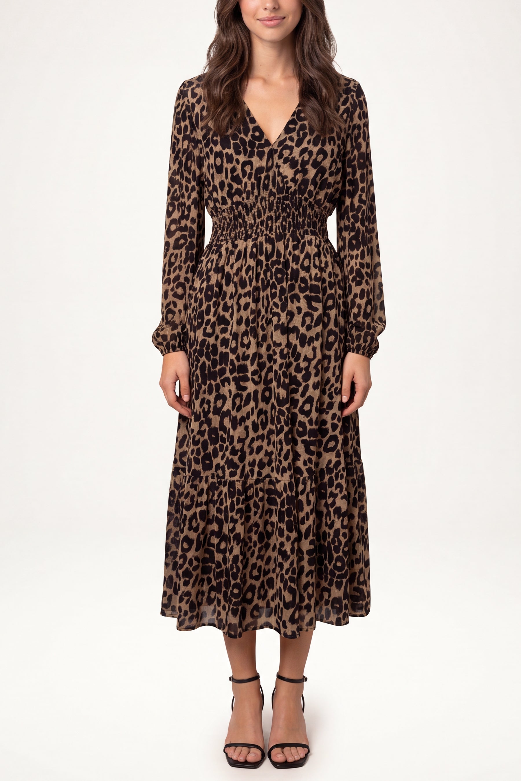 Long Sleeve V Neck Shirred Animal Print Midi Dress