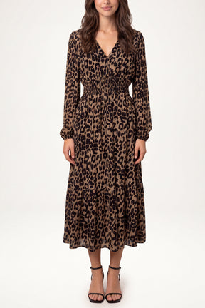Long Sleeve V Neck Shirred Animal Print Midi Dress