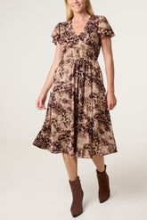 Abstract Animal Mesh Shirred Midi Dress