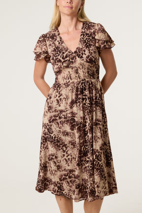 Abstract Animal Mesh Shirred Midi Dress