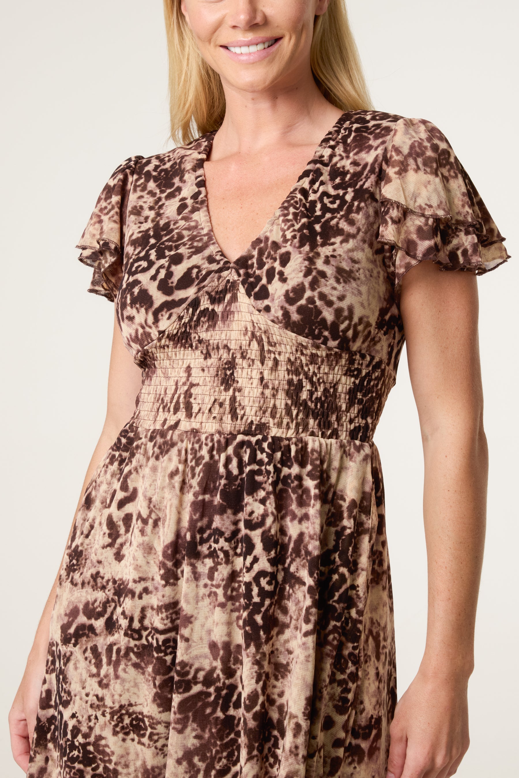Abstract Animal Mesh Shirred Midi Dress