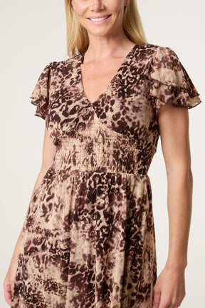 Abstract Animal Mesh Shirred Midi Dress