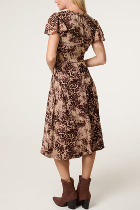 Abstract Animal Mesh Shirred Midi Dress