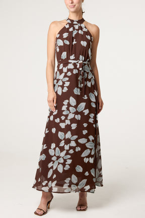 Brushtroke Flower Patterned Halterneck Maxi Dress