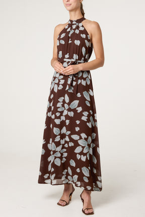 Brushtroke Flower Patterned Halterneck Maxi Dress