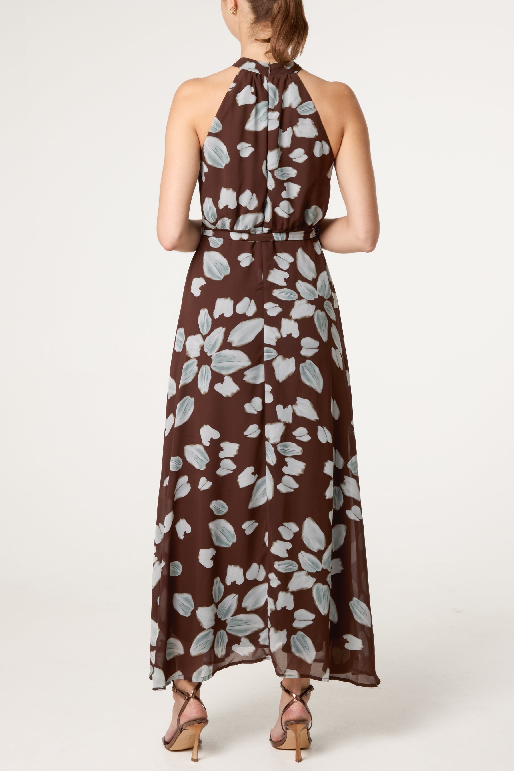 Brushtroke Flower Patterned Halterneck Maxi Dress