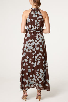 Brushtroke Flower Patterned Halterneck Maxi Dress