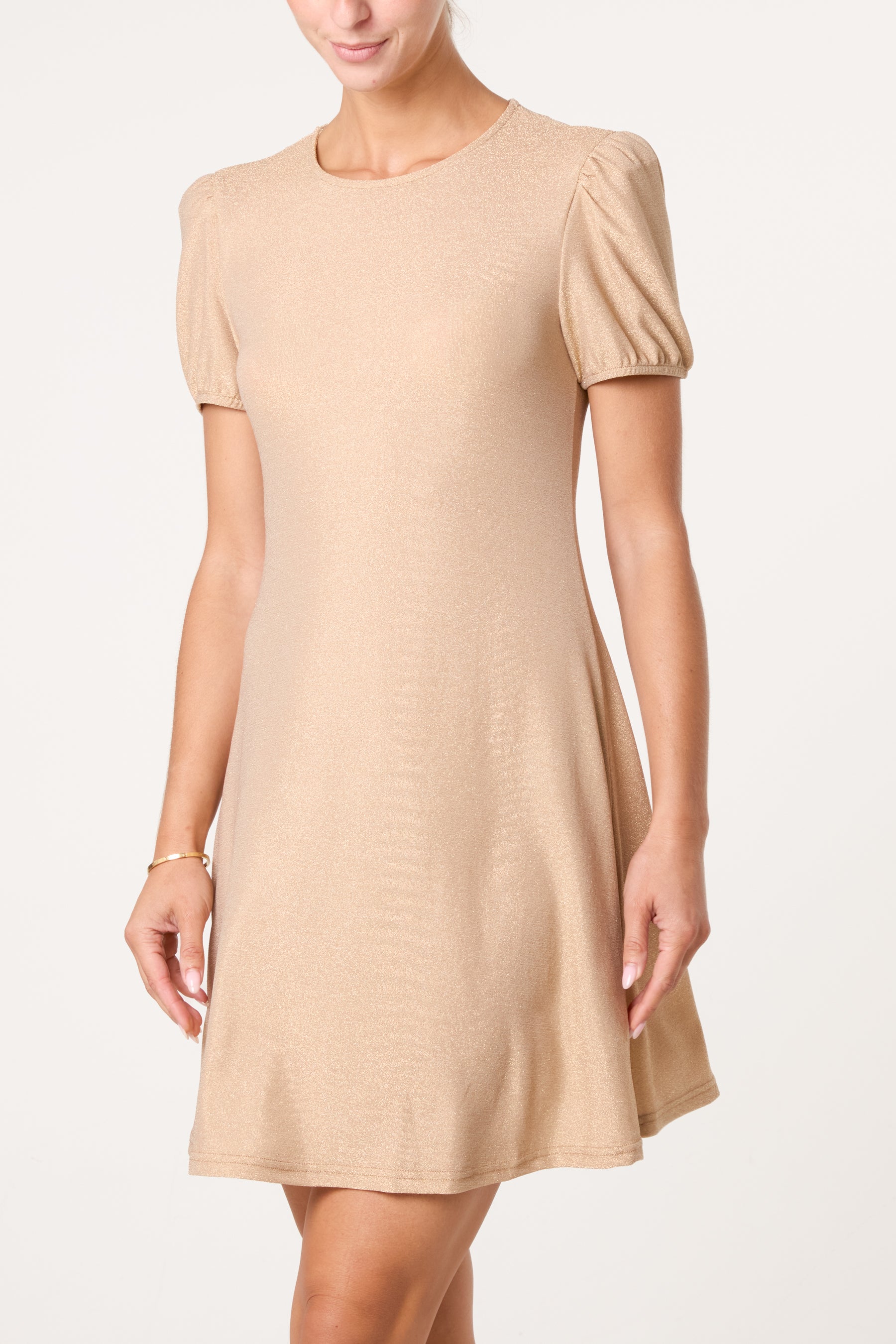 Metallic Puff Sleeve Swing Dress