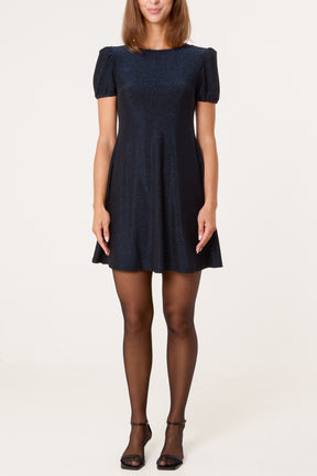 Metallic Puff Sleeve Swing Dress