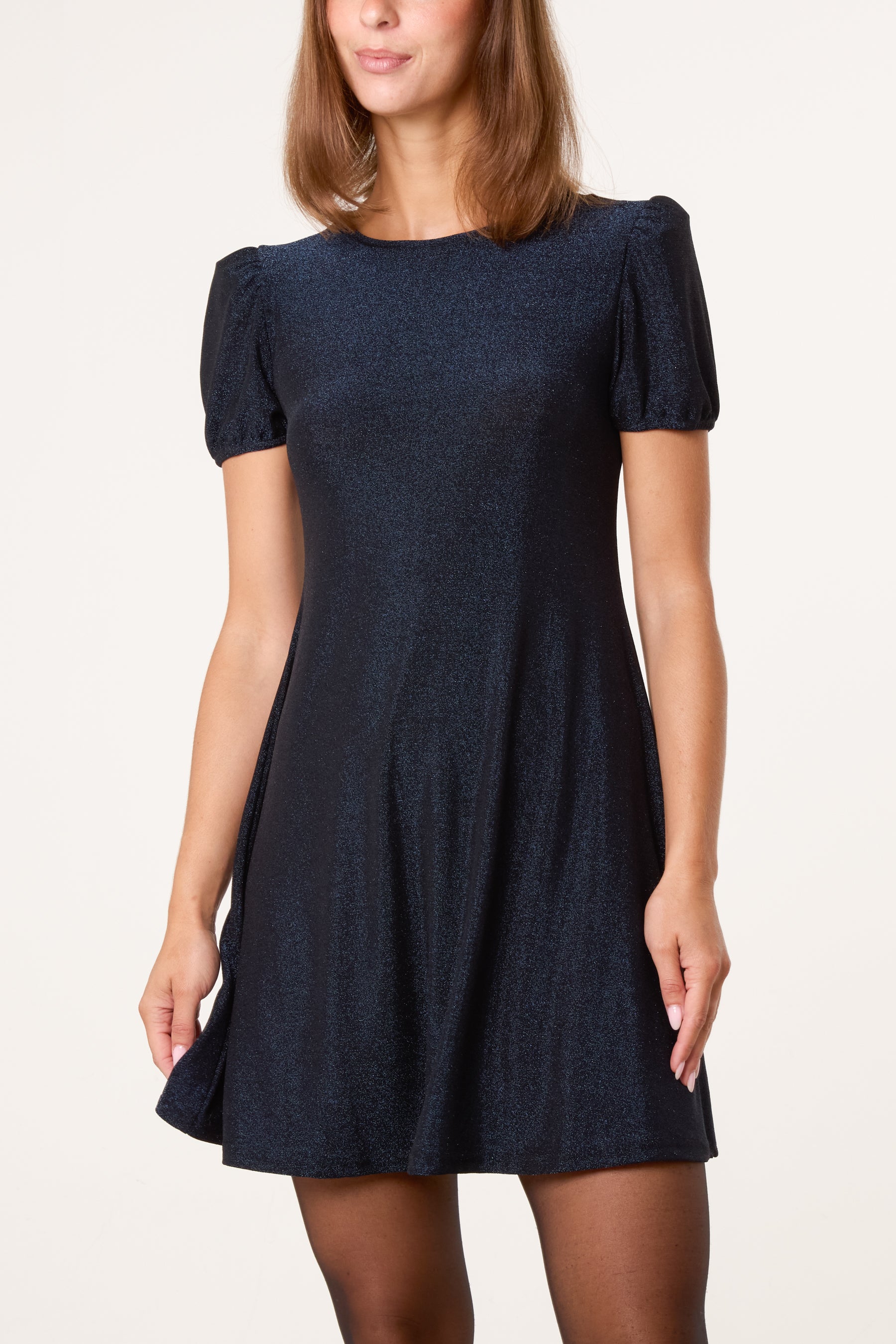 Metallic Puff Sleeve Swing Dress