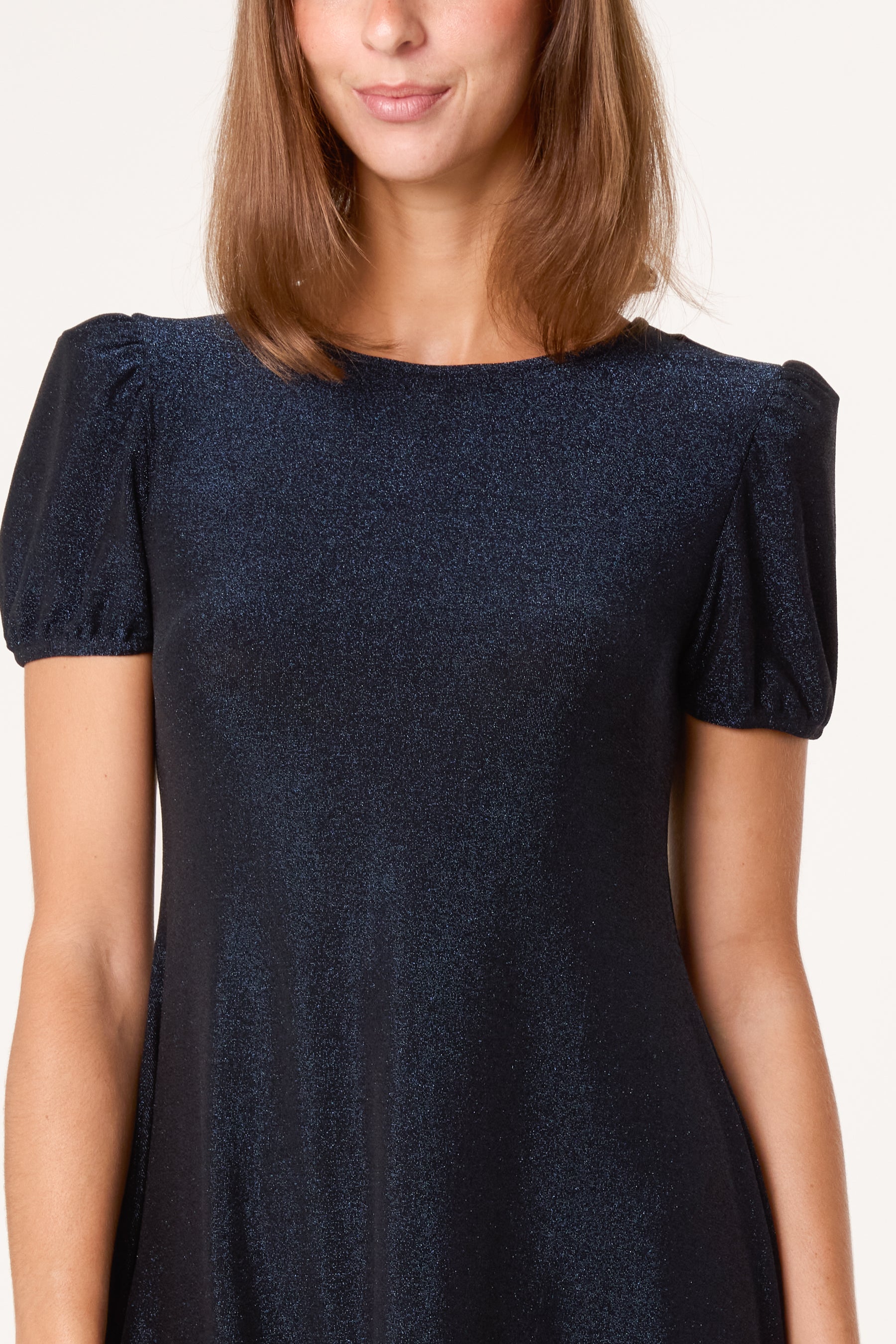 Metallic Puff Sleeve Swing Dress