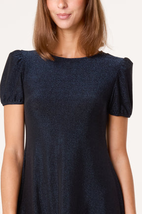 Metallic Puff Sleeve Swing Dress