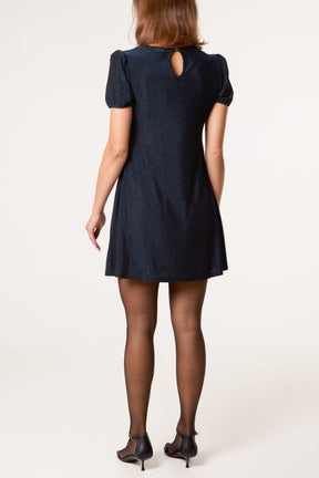 Metallic Puff Sleeve Swing Dress