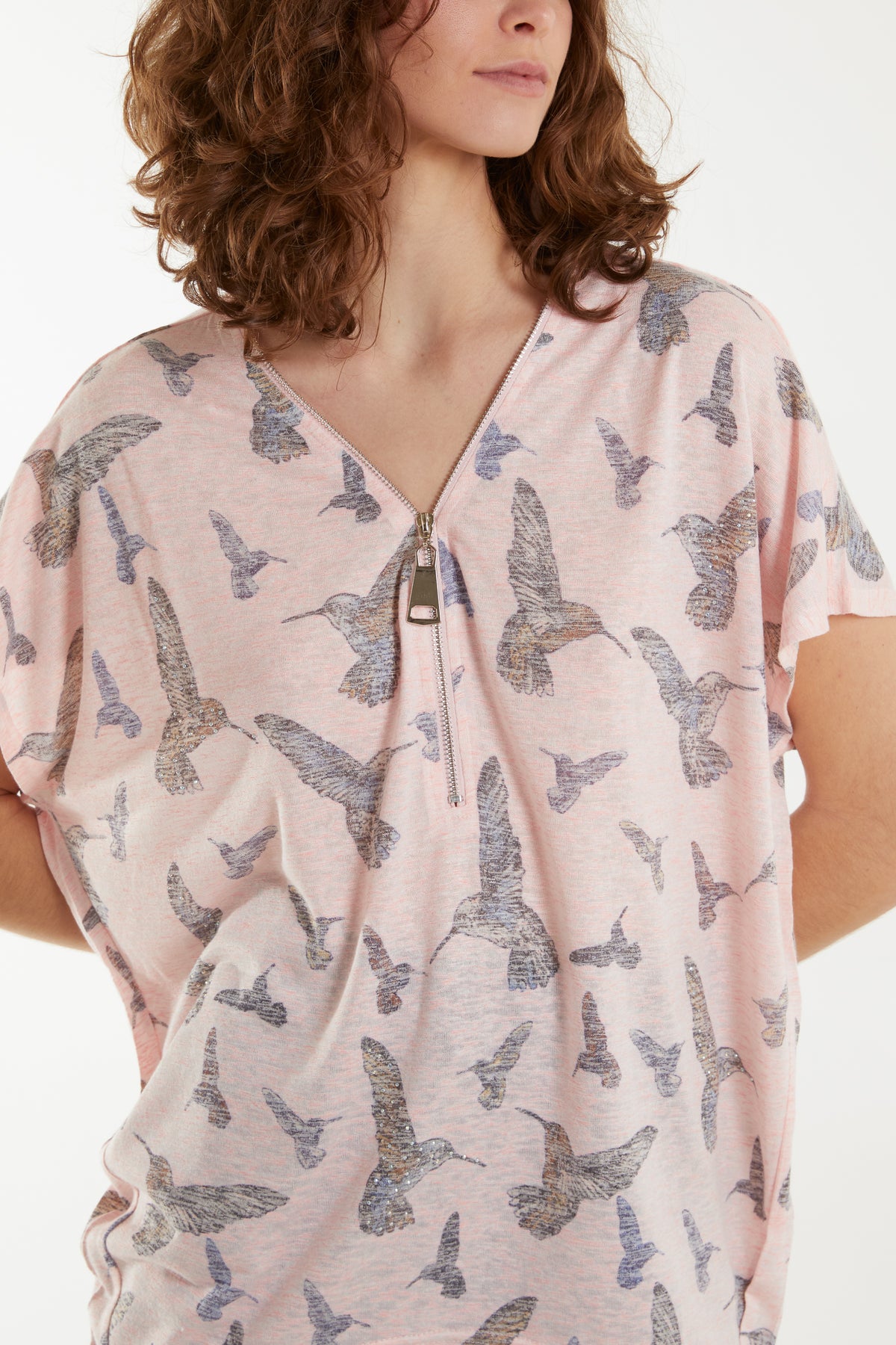 Hummingbird Print Zip Front Top