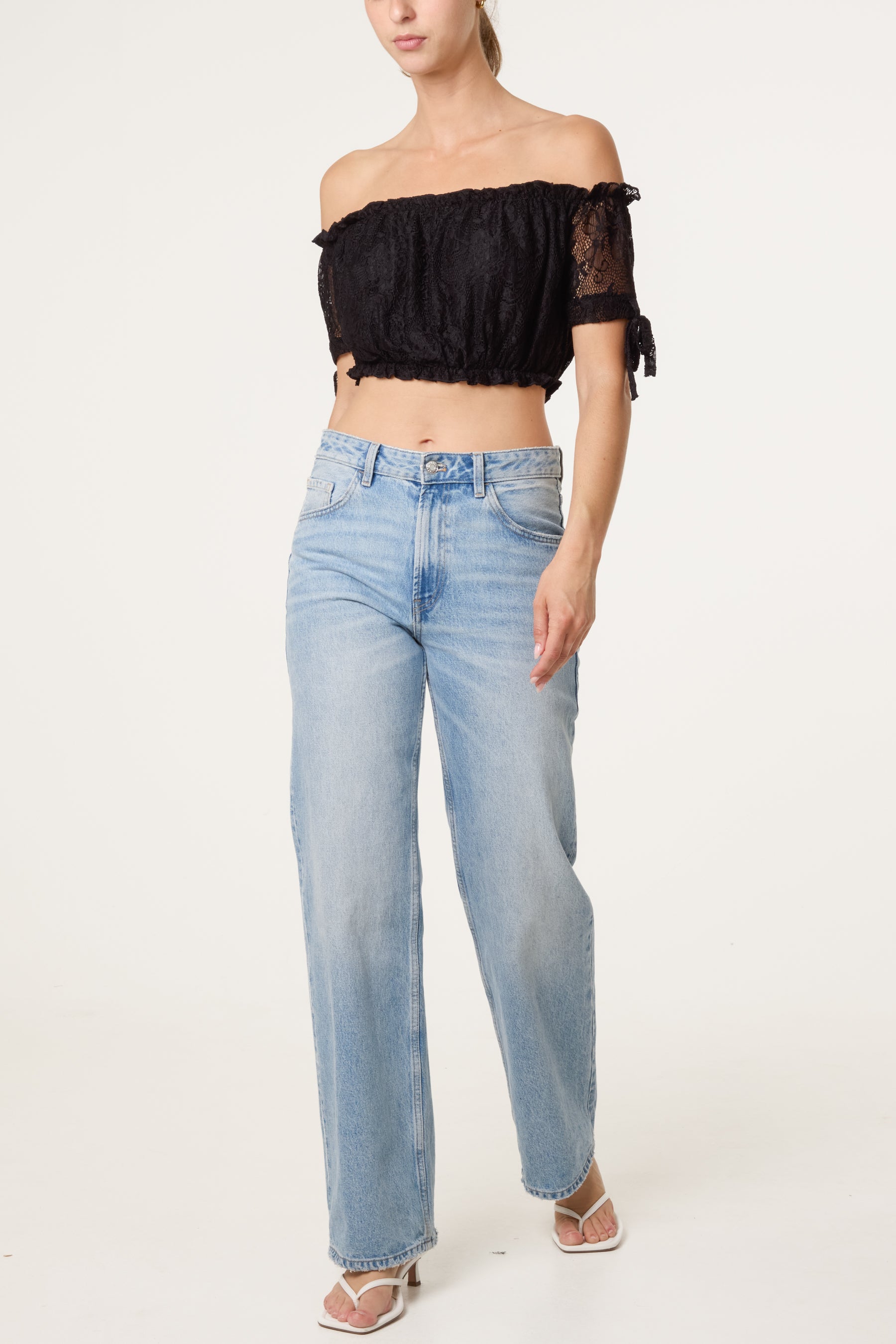 Lace Bardot Crop Top With Tie Sleeves